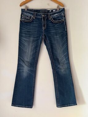 Miss Me Indigo Irene Bootcut Jeans Thick White Contrast Stitch Sz 32 Flap Pocket